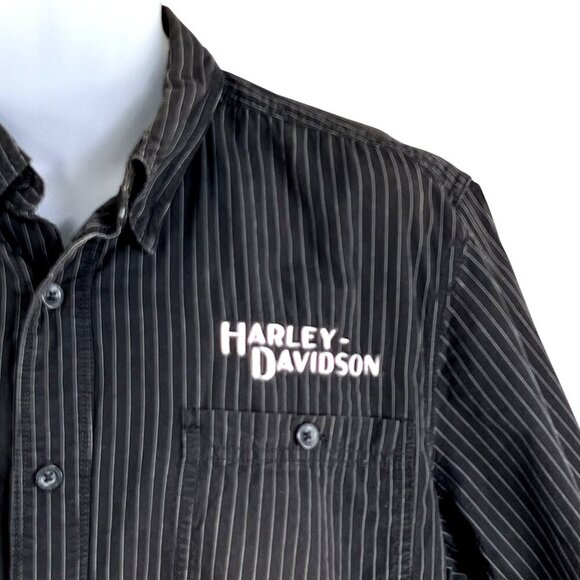 Harley-Davidson Mens L Black Striped Short Sleeve Button-Up Mechanic Shirt Biker - Picture 10 of 16